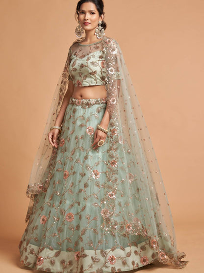 Mint Green Thread and Sequins Embroidered Net Lehenga Choli with Dupatta