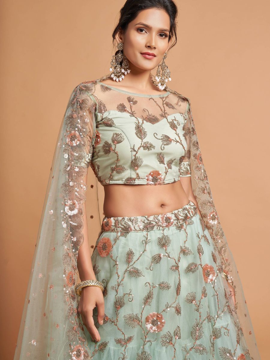 Mint Green Thread and Sequins Embroidered Net Lehenga - Blouse Front Neck