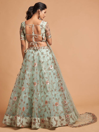 Mint Green Thread and Sequins Embroidered Net Lehenga Choli - Back Side