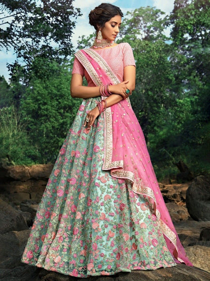 Buy Mint Green and Pink Floral Thread Embroidered Net Lehenga Choli Online - AllThingsAboutWedding