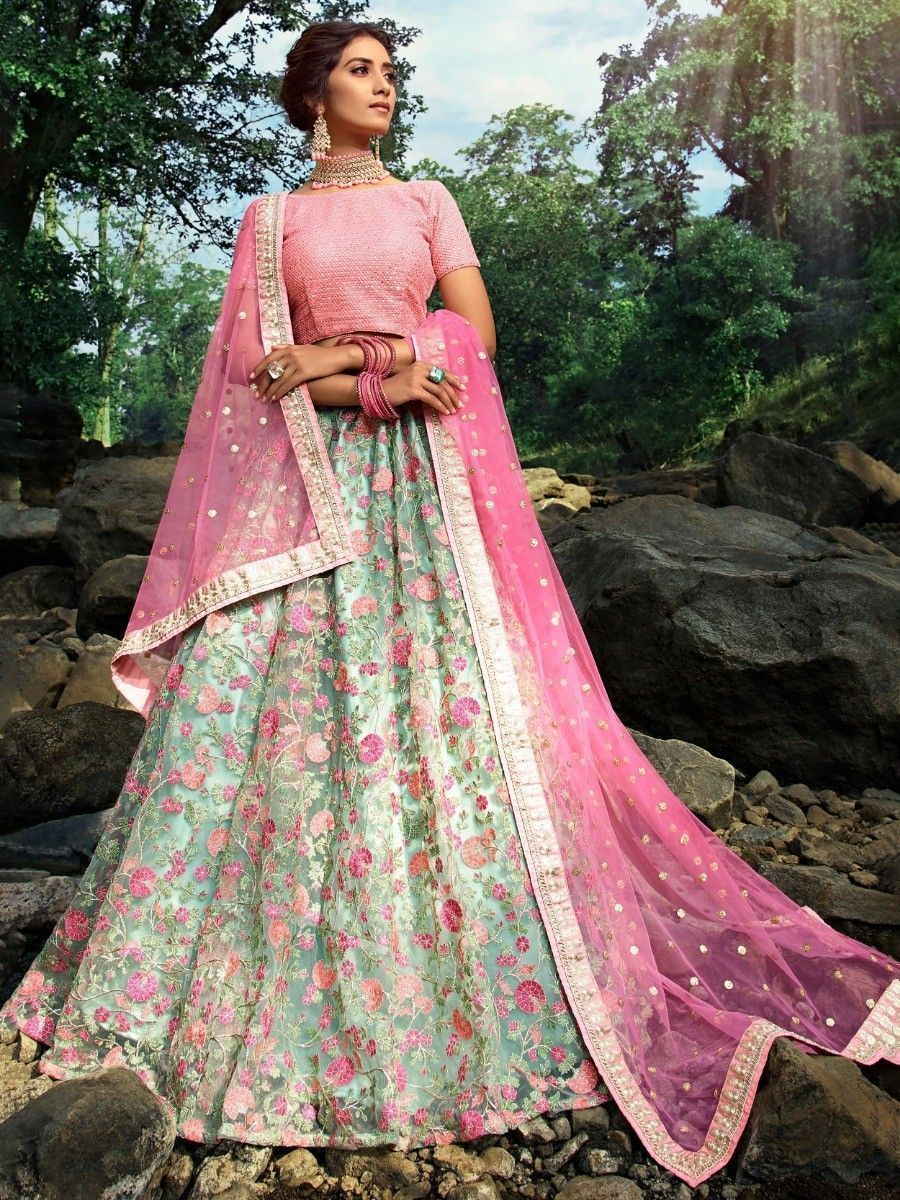 Mint Green and Pink Floral Thread Embroidered Net Lehenga Choli with Dupatta