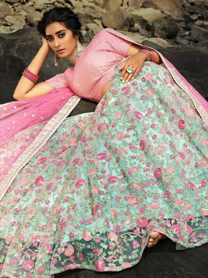 Mint Green and Pink Floral Thread Embroidered Net Lehenga Choli - Flair