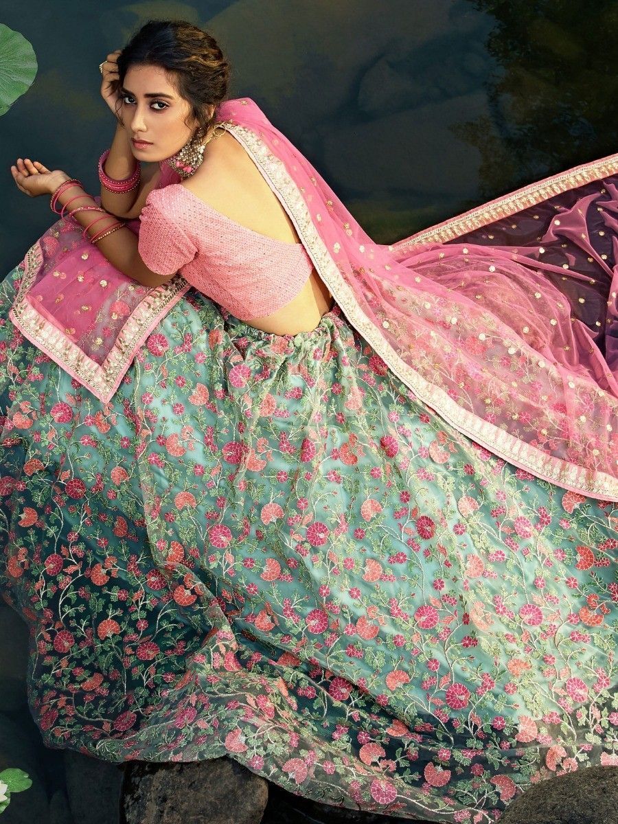 Mint Green and Pink Floral Thread Embroidered Net Lehenga Choli - Back Side