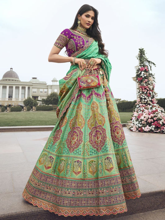 Buy Mint Green and Purple Wedding Banarasi Silk Lehenga Choli Online - AllThingsAboutWedding