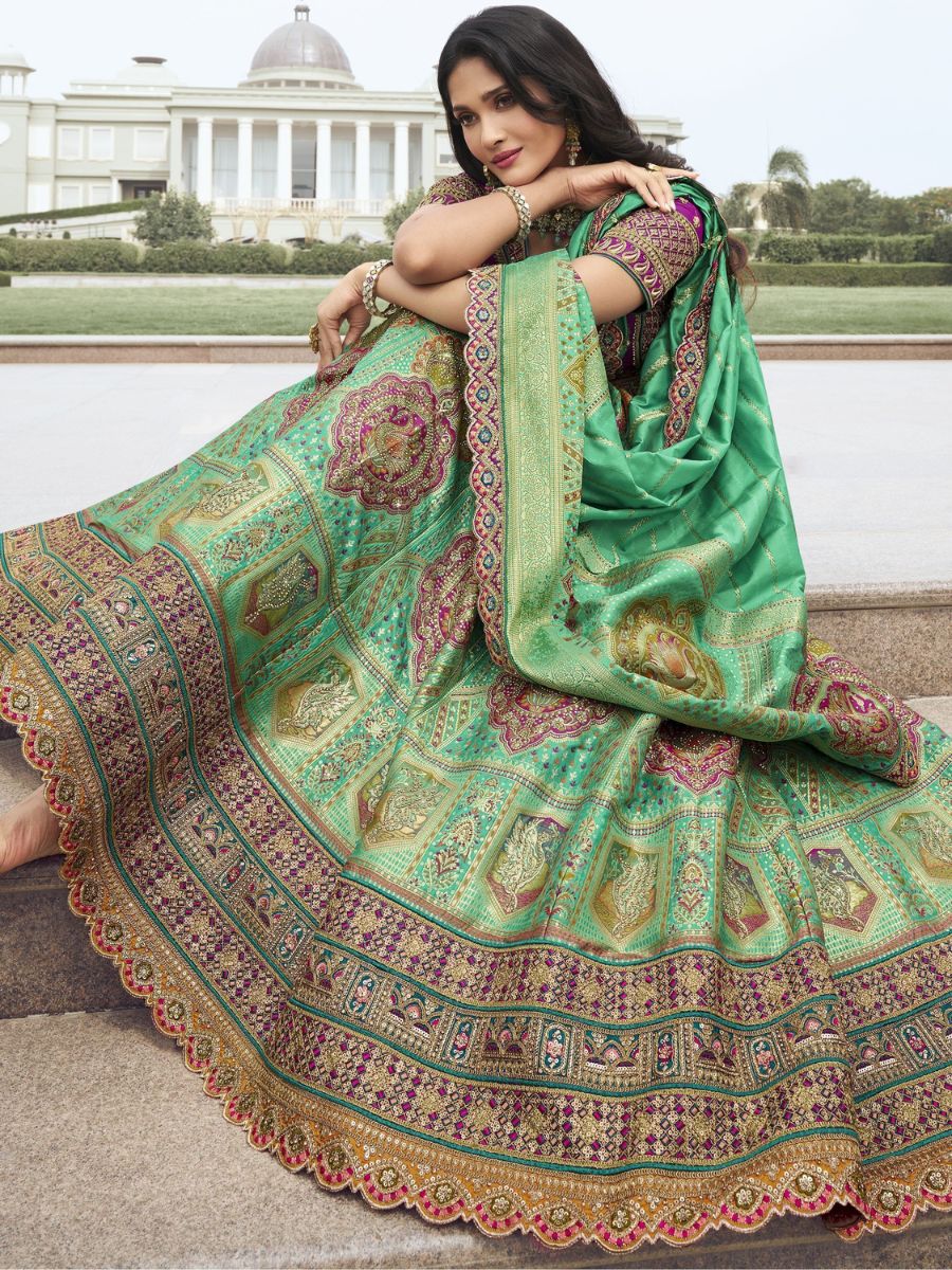 Mint Green and Purple Wedding Banarasi Silk Lehenga Choli - Flair