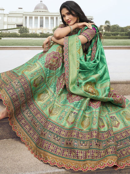 Mint Green and Purple Wedding Banarasi Silk Lehenga Choli - Flair