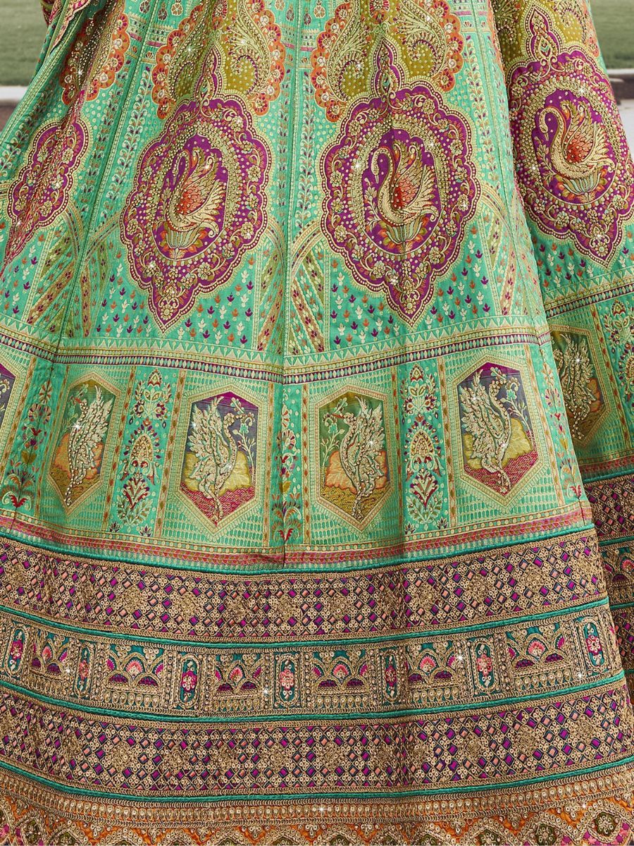 Mint Green and Purple Wedding Banarasi Silk Lehenga Choli - Embroidery 