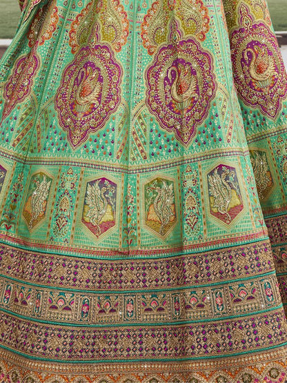 Mint Green and Purple Wedding Banarasi Silk Lehenga Choli - Embroidery 