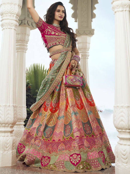 Buy Multi Color Embroidered Wedding Banarasi Silk Lehenga Online - AllThingsAboutWedding