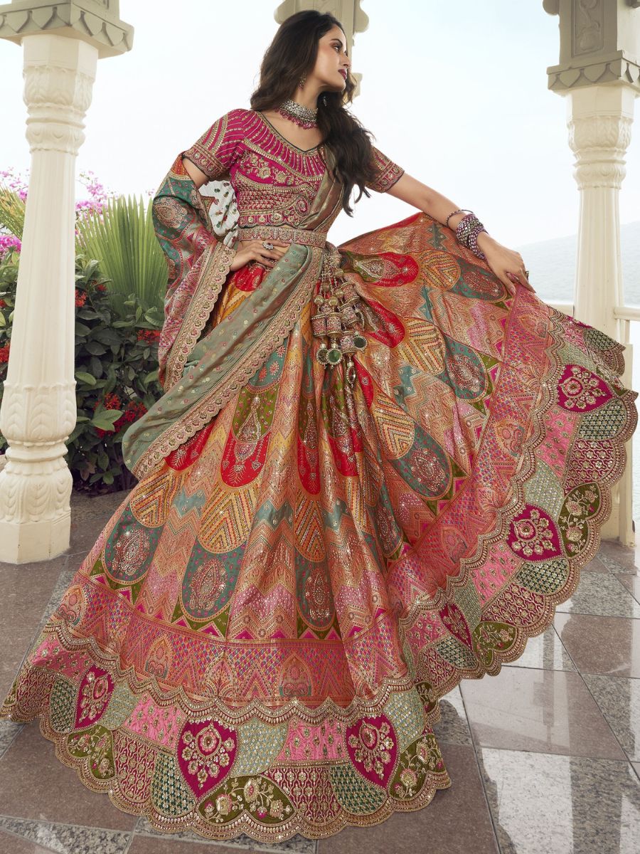 Multi Color Embroidered Wedding Banarasi Silk Lehenga - Flair