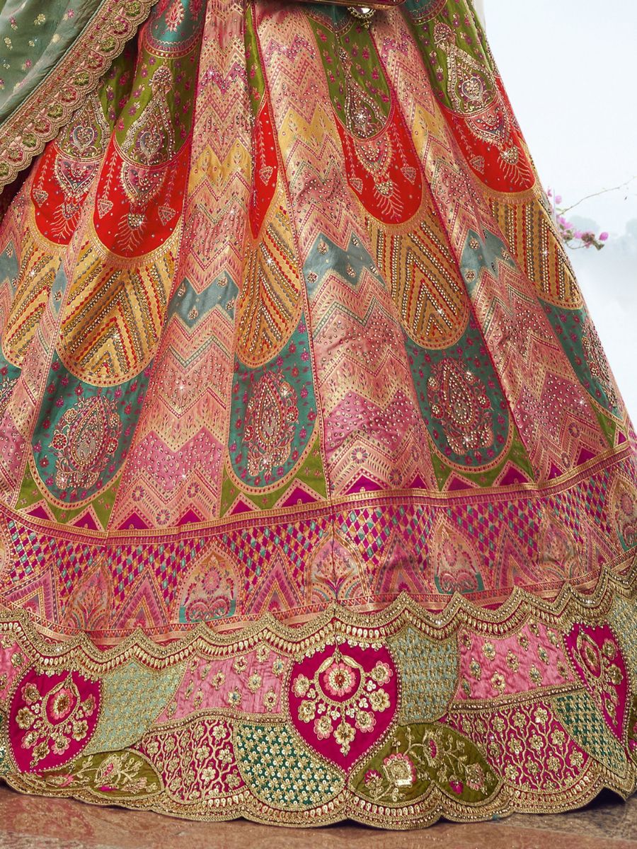 Multi Color Embroidered Wedding Banarasi Silk Lehenga - Embroidery Pattern