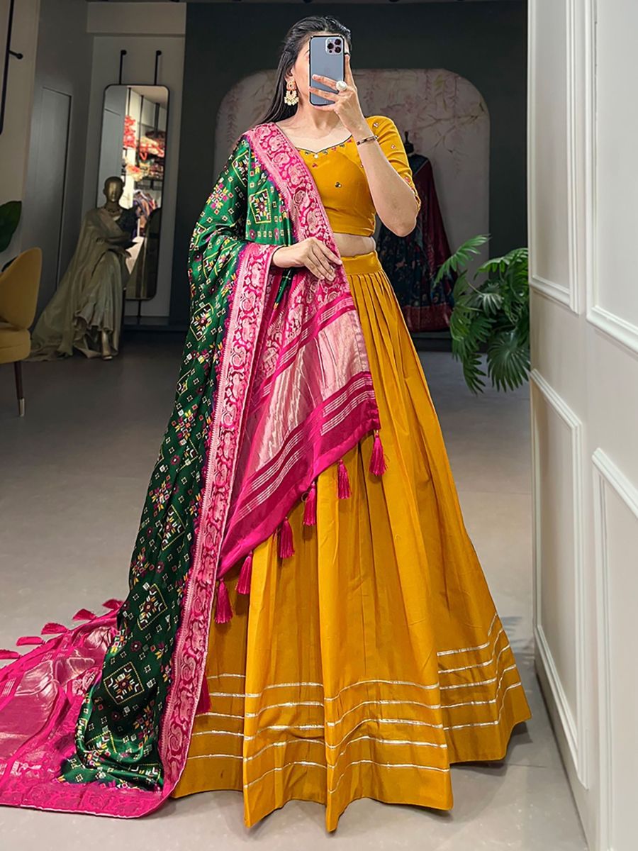 Buy Mustard Yellow Cotton Plain Lehenga Choli With Green Dupatta Online - AllThingsAboutWedding