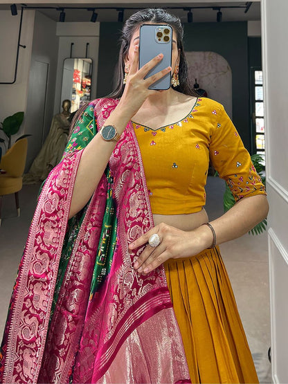 Mustard Yellow Cotton Plain Lehenga - Blouse Design