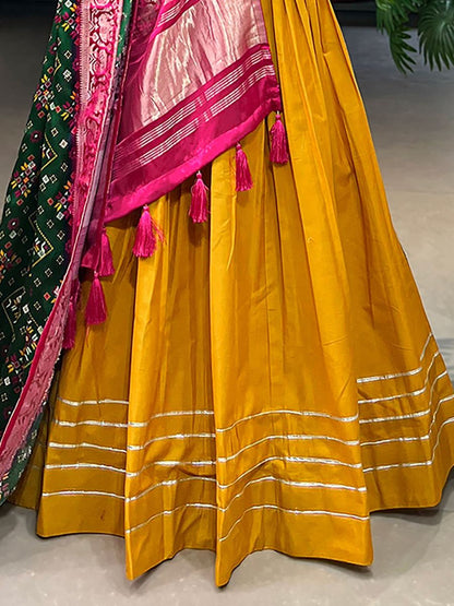 Mustard Yellow Cotton Plain Lehenga Choli With Green Dupatta