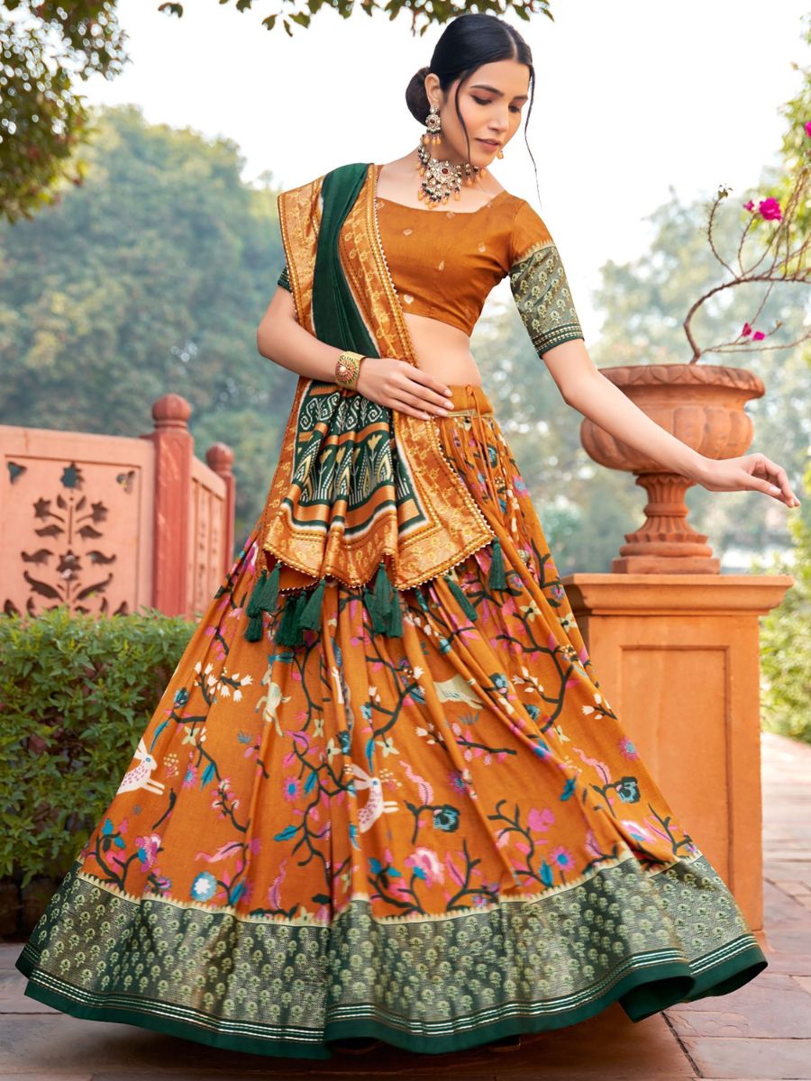 Buy Mustard Yellow and Green Digital Printed Silk Lehenga Choli Online - AllThingsAboutWedding