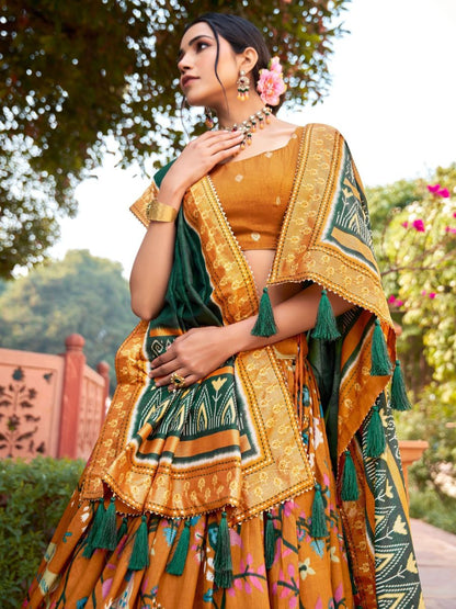 Mustard Yellow and Green Digital Printed Silk Lehenga Choli with Dupatta