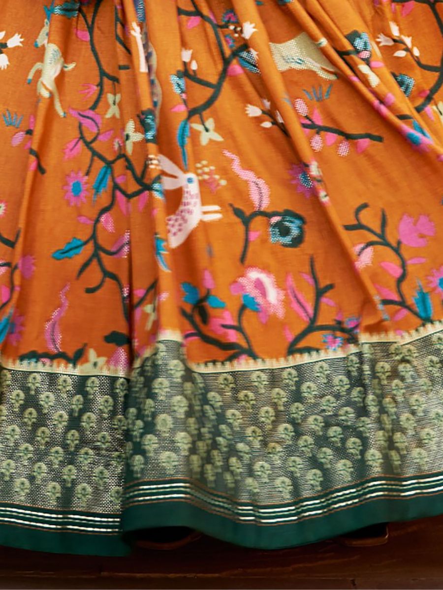 Mustard Yellow and Green Silk Lehenga Choli - Digital Print