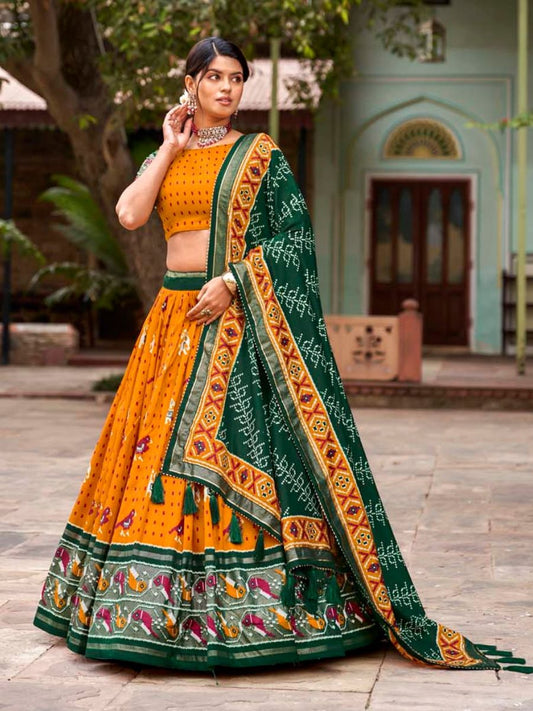 Buy Mustard Yellow and Green Wedding Silk Gharchola Lehenga Choli Online - AllThingsAboutWedding