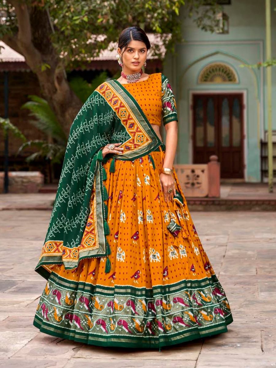 Mustard Yellow and Green Wedding Silk Gharchola Lehenga Choli with Dupatta