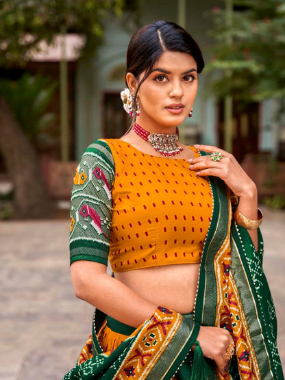 Mustard Yellow and Green Wedding Silk Gharchola Lehenga - Blouse Front Neck