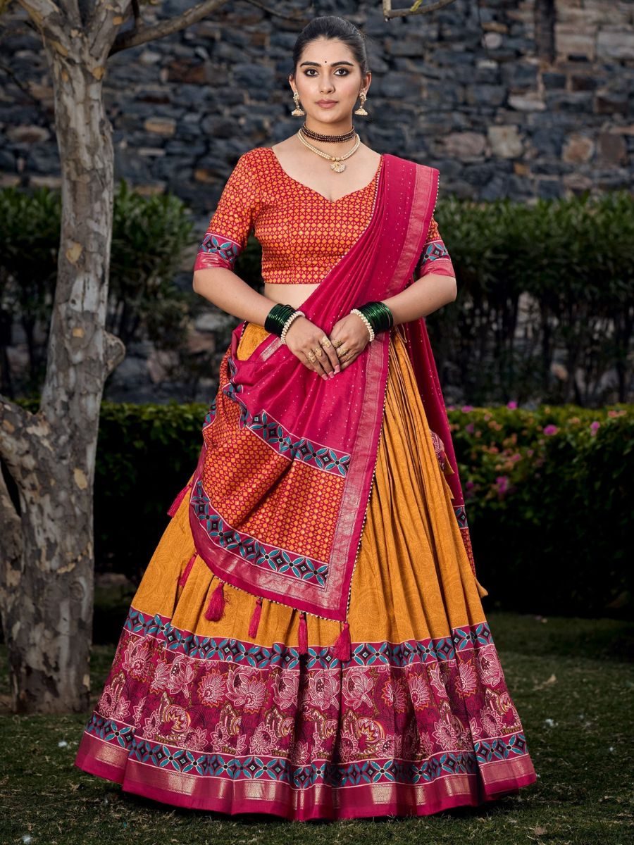 Buy Mustard Yellow and Pink Printed Festive Silk Lehenga Choli Online - AllThingsAboutWedding