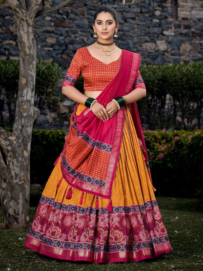 Buy Mustard Yellow and Pink Printed Festive Silk Lehenga Choli Online - AllThingsAboutWedding