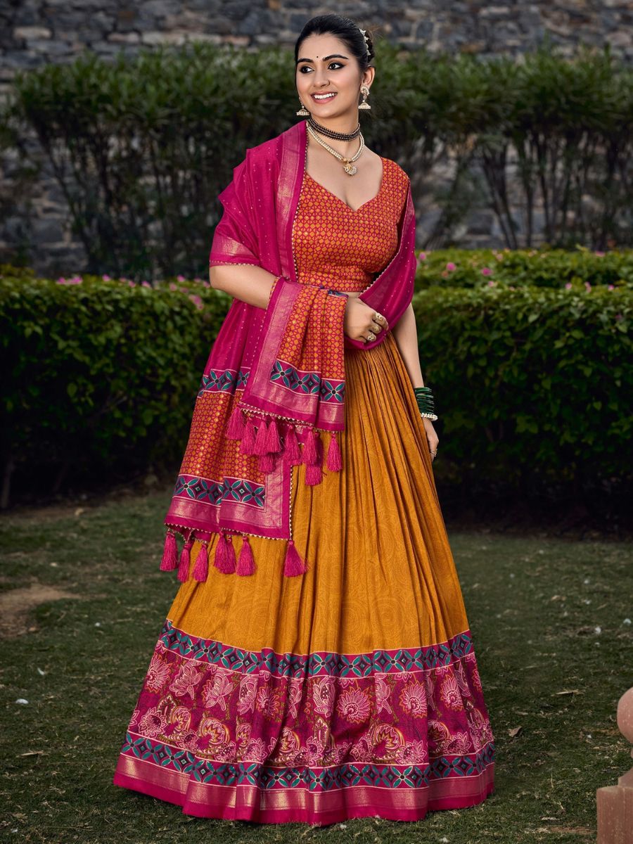 Mustard Yellow and Pink Printed Festive Silk Lehenga Choli with Dupatta