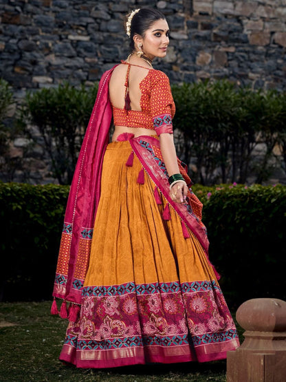 Mustard Yellow and Pink Printed Festive Silk Lehenga Choli - Back Side