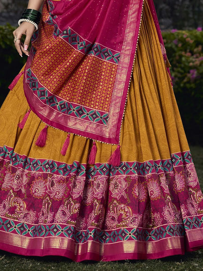 Mustard Yellow and Pink Festive Silk Lehenga Choli - Digital Print