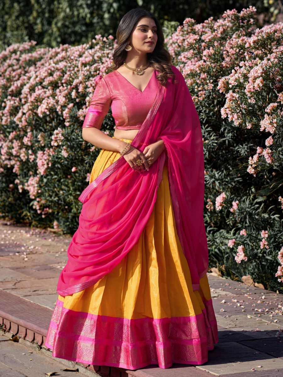 Buy Mustard Yellow and Pink Zari Woven Kanchipuram Half Silk Lehenga Choli Online - allThingsAboutWedding