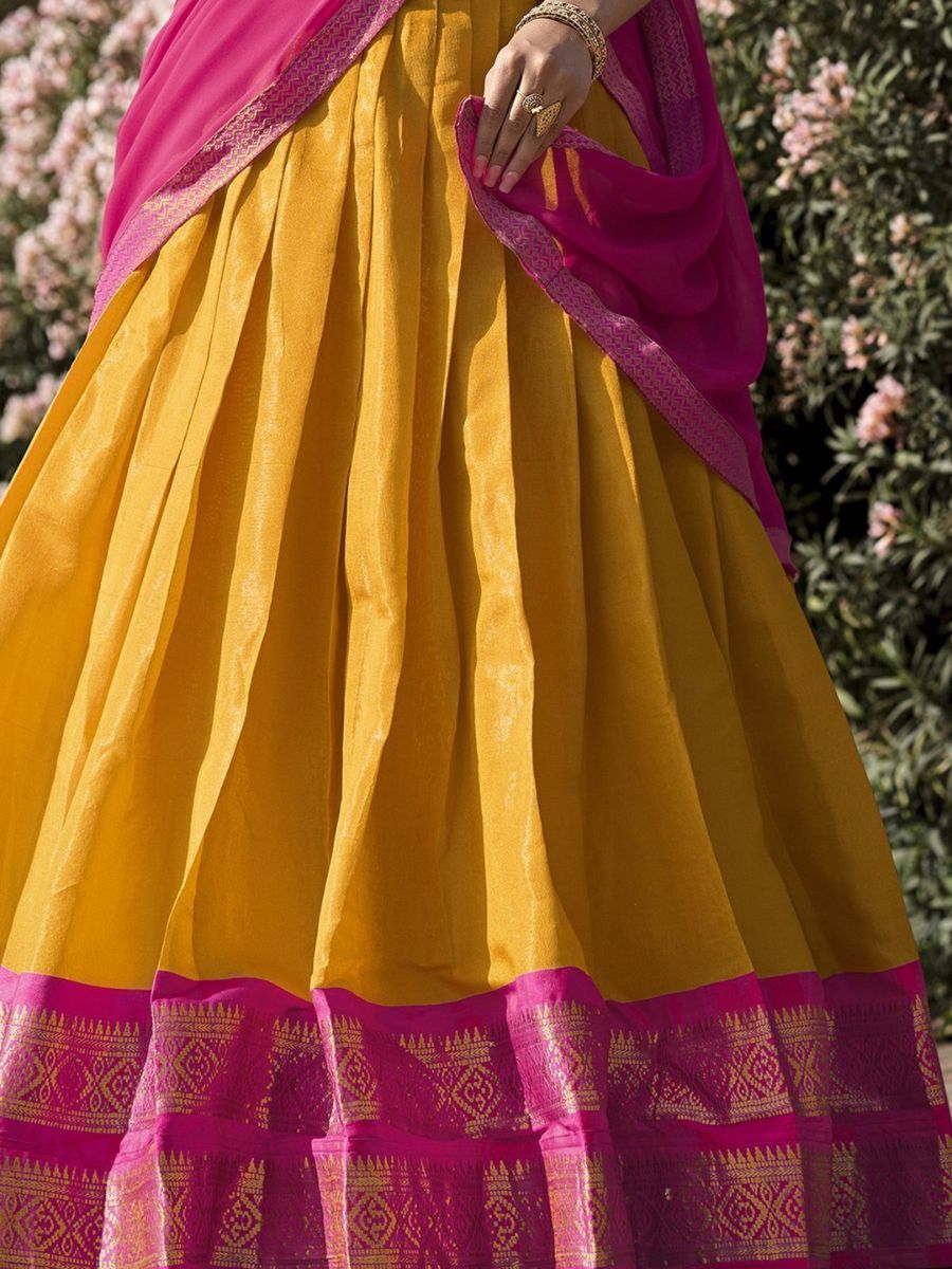 Mustard Yellow and Pink Zari Woven Kanchipuram Half Silk Lehenga Choli - Flair