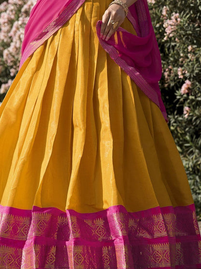 Mustard Yellow and Pink Zari Woven Kanchipuram Half Silk Lehenga Choli - Flair