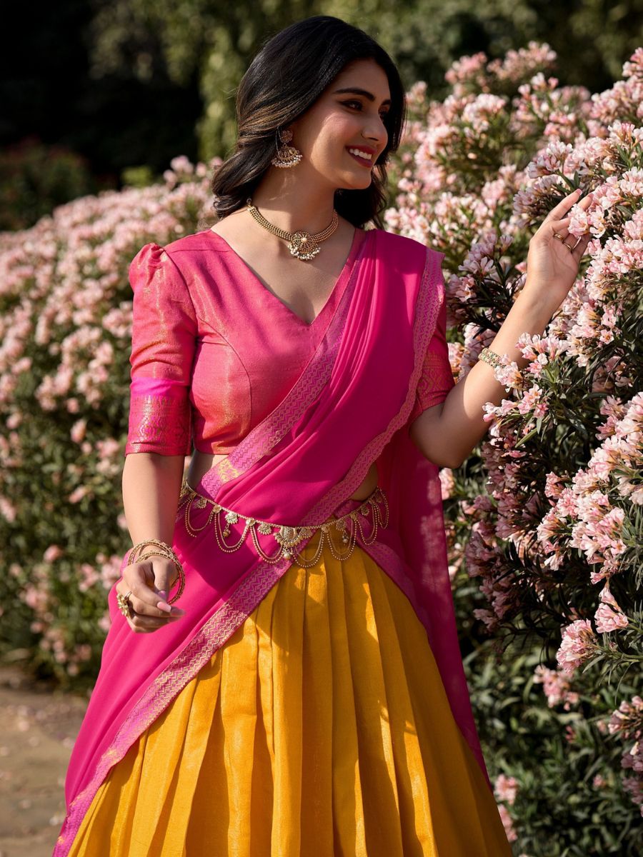 Mustard Yellow and Pink Zari Woven Kanchipuram Half Silk Lehenga Choli - Blouse Front Neck Design