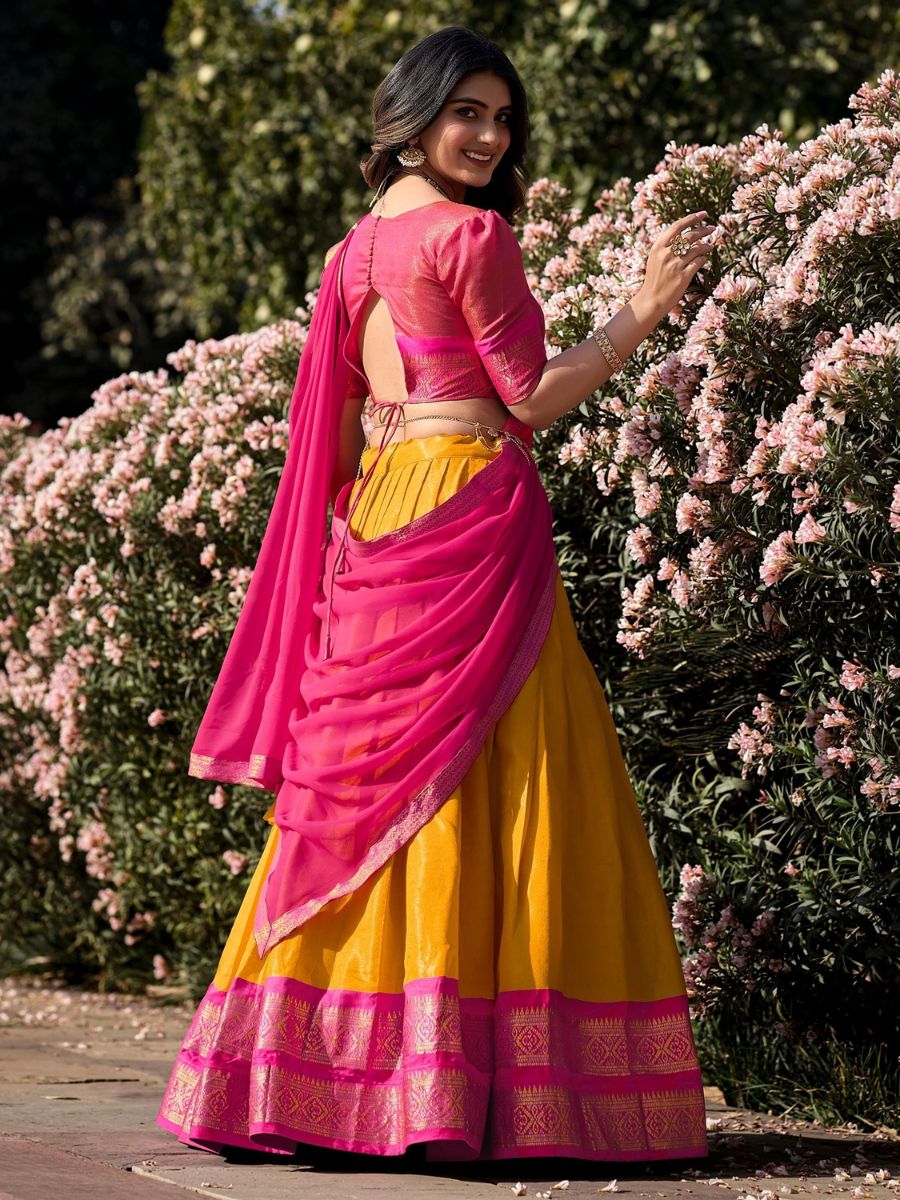 Mustard Yellow and Pink Zari Woven Kanchipuram Half Silk Lehenga Choli - Back Neck Design