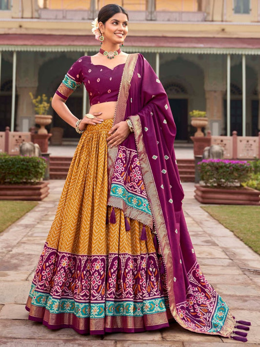 Buy Mustard Yellow and Purple Patola Navratri Lehenga Choli Online - AllThingsAboutWedding