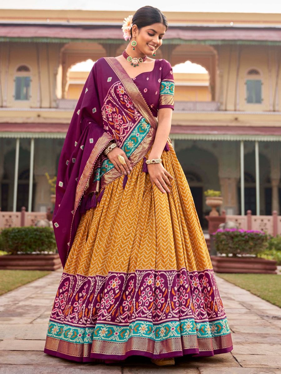 Mustard Yellow and Purple Patola Navratri Lehenga Choli - Flair