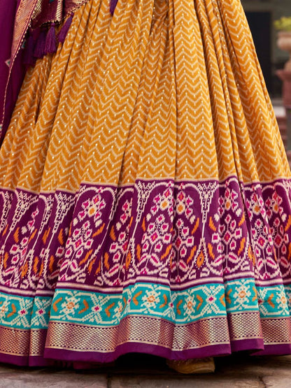 Mustard Yellow and Purple Navratri Lehenga Choli - Patola Print