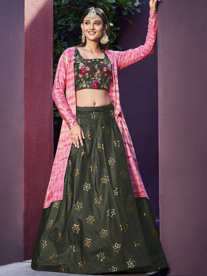 Buy Olive Green Sequins Work Art Silk Crop Top Lehenga with Shrug Online - AllThingsAboutWedding