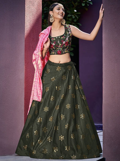 Olive Green Sequins Work Art Silk Crop Top Lehenga with Shrug