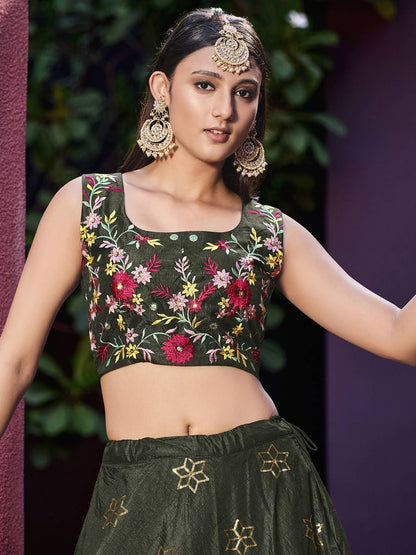 Olive Green Sequins Work Art Silk Crop Top Lehenga