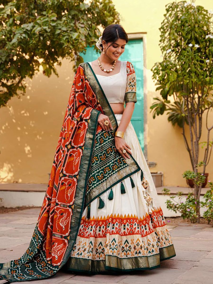 Buy Orange Patola Printed Wedding Silk Gharchola Lehenga Choli Online - AllThingsAboutWedding