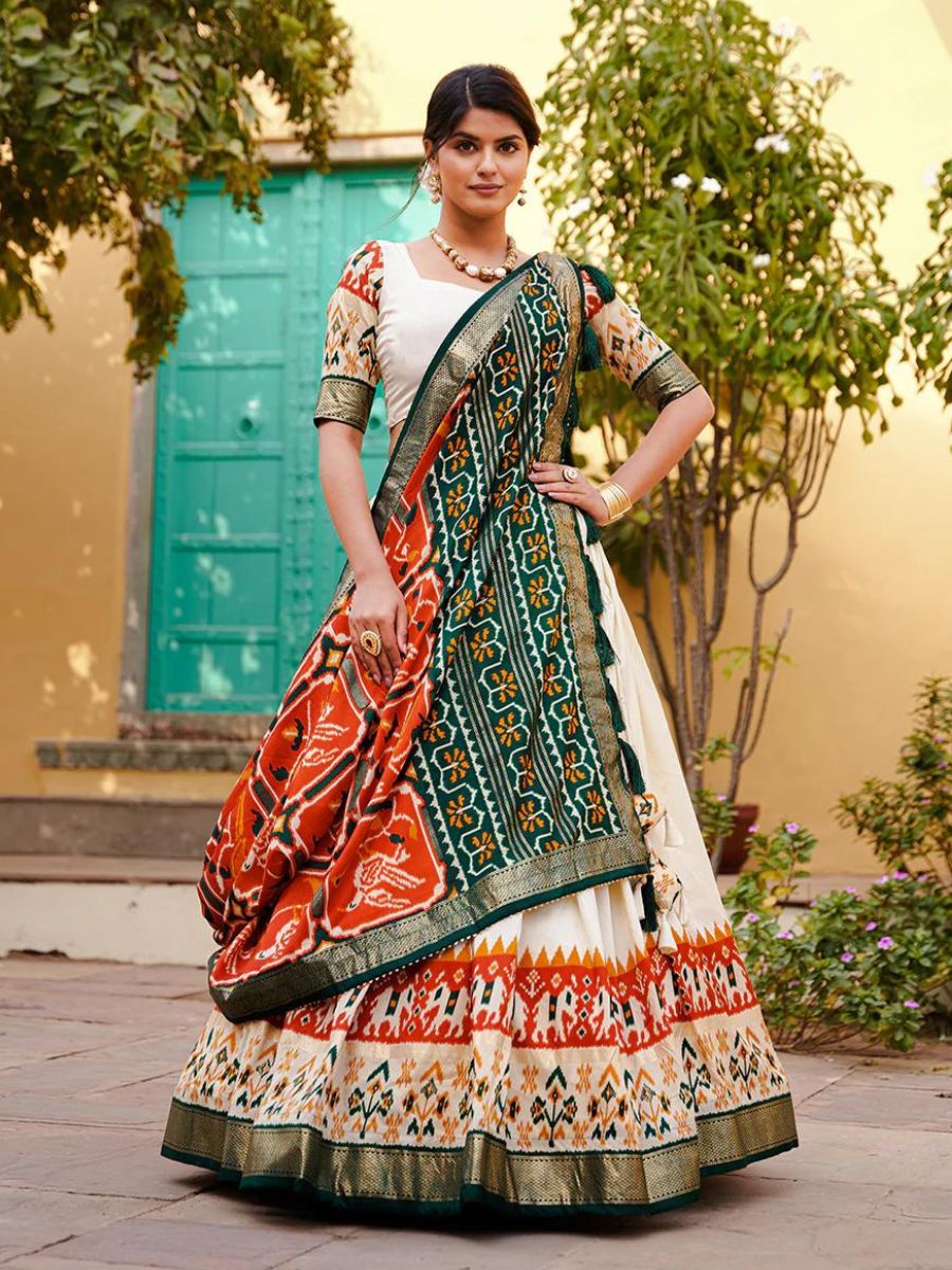 Orange Patola Printed Wedding Silk Gharchola Lehenga Choli with Dupatta