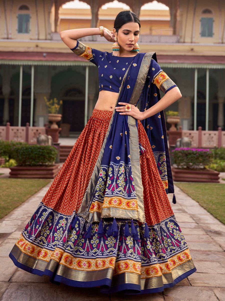 Buy Orange and Blue Patola Printed Wedding Silk Lehenga Choli Online - AllThingsAboutWedding