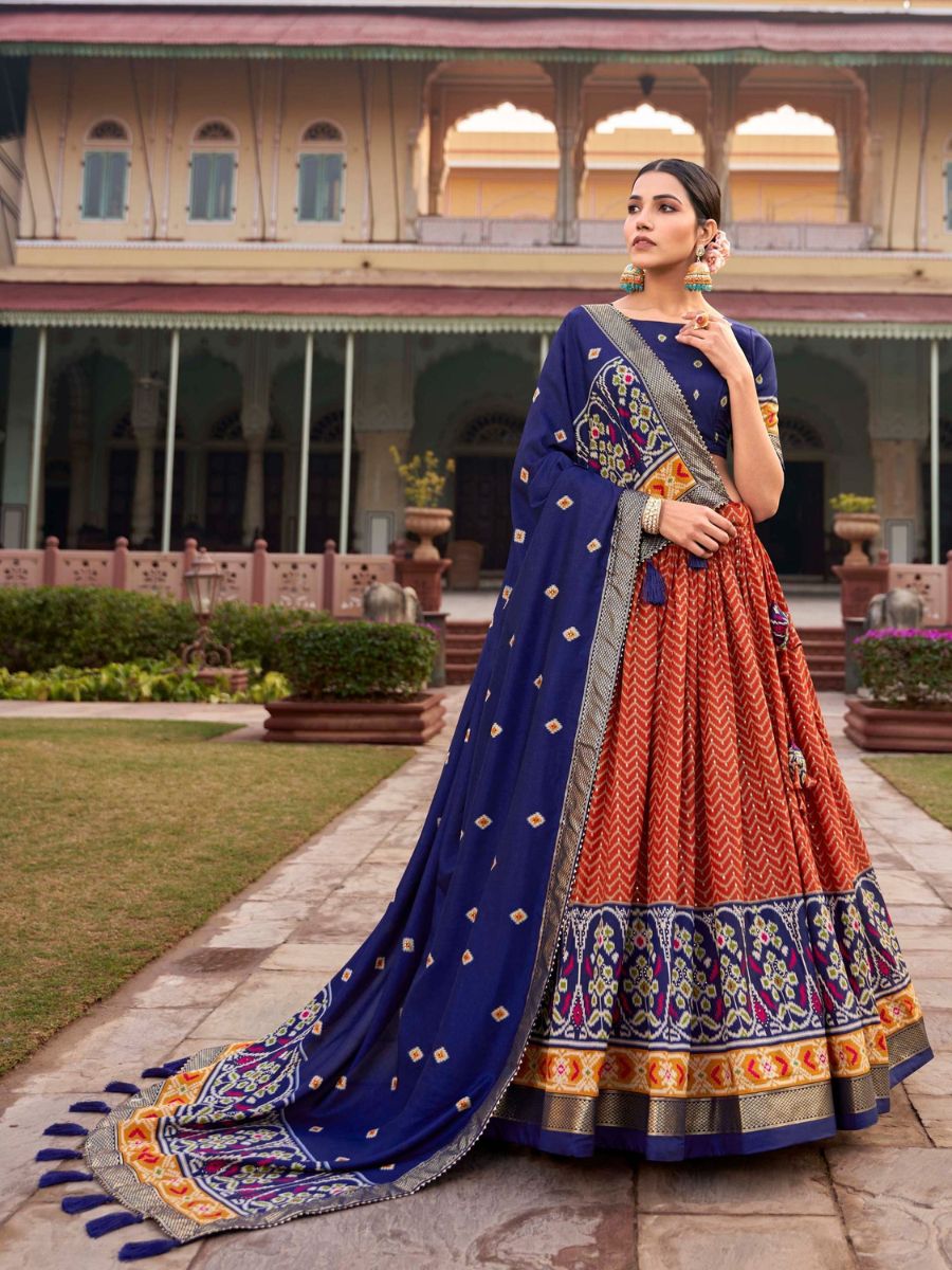 Orange and Blue Patola Printed Wedding Silk Lehenga Choli with Dupatta