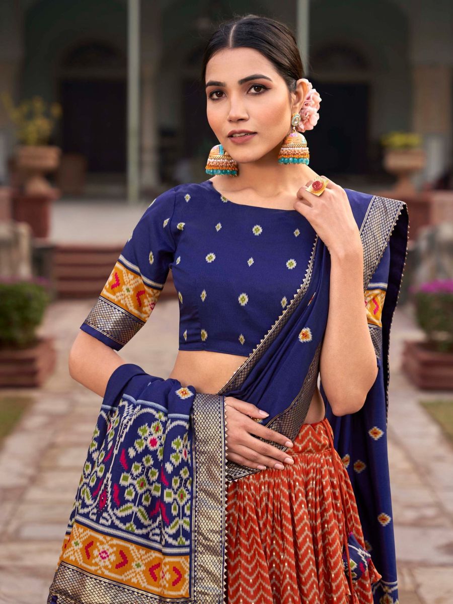 Orange and Blue Patola Printed Wedding Silk Lehenga - Blouse Front Neck