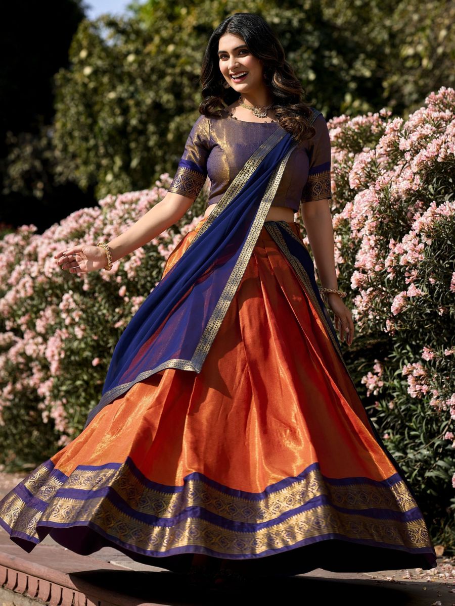 Buy Orange and Blue Zari Woven Kanchipuram Half Silk Lehenga Choli Online - AllThingsAboutWedding