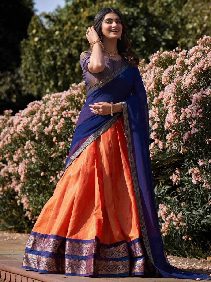 Orange and Blue Zari Woven Kanchipuram Half Silk Lehenga Choli