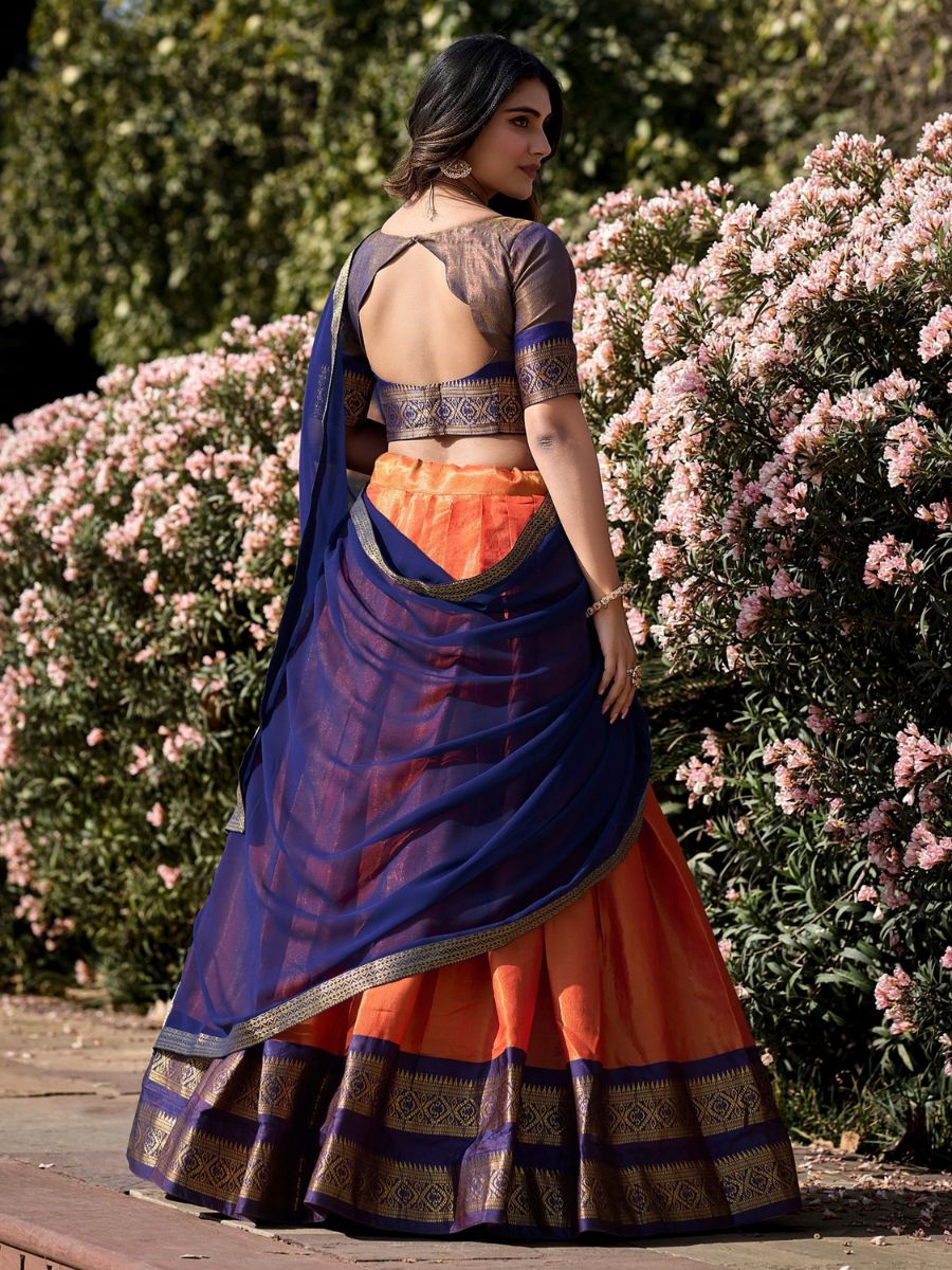 Orange and Blue Zari Woven Kanchipuram Half Silk Lehenga Choli - Back Neck Design