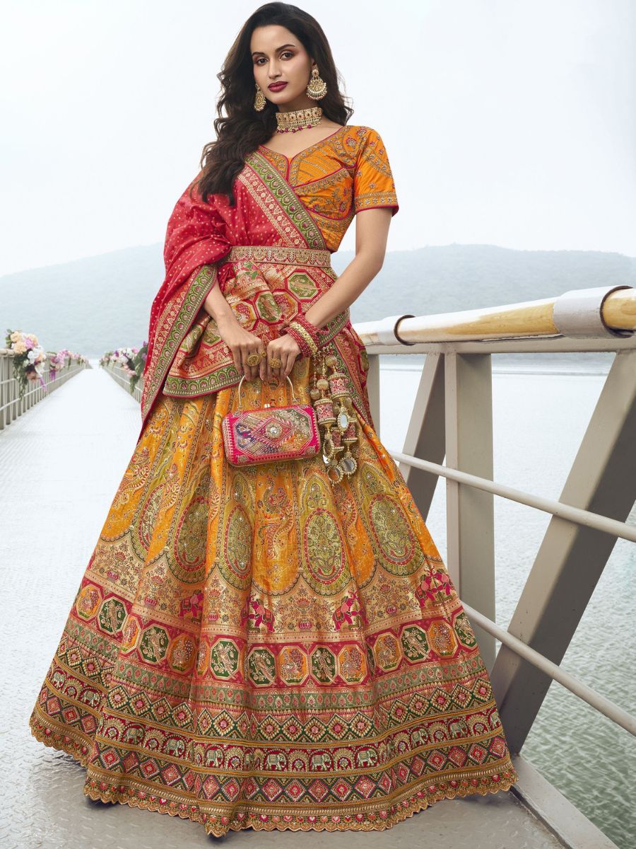 Buy Orange and Red Embroidered Wedding Banarasoi Silk Lehenga Choli Online - AllThingsAboutWedding