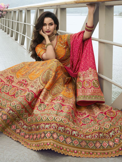 Orange and Red Embroidered Wedding Banarasoi Silk Lehenga Choli - Flair